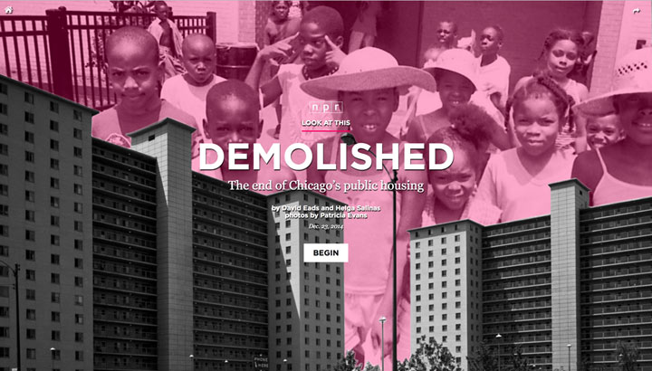 A screenshot of the title card for a story titled Demolished about public housing in Chicago.