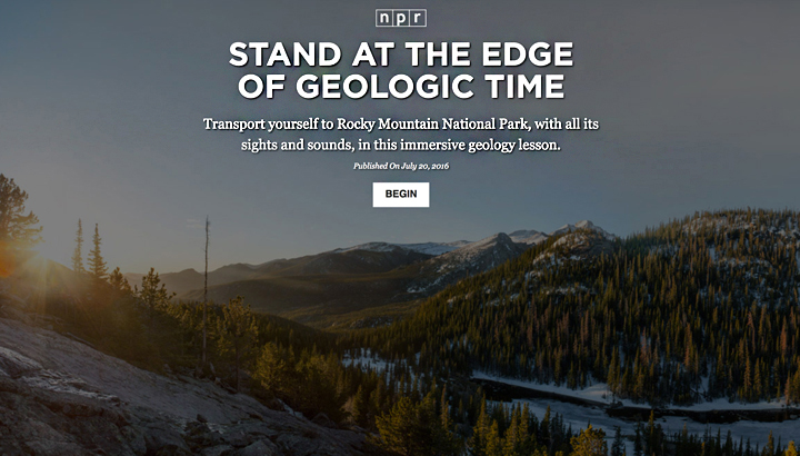 A screenshot of the title card for Stand At The Edge Of Geologic Time, a WebVR story about the sights, sounds, geology of Rocky Mountain National Park