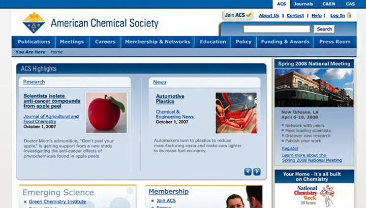 A screenshot of the American Chemical Society home page from 2008