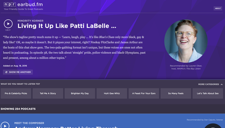 A screenshot of the home page for earbud.fm, a podcast recommendation site.