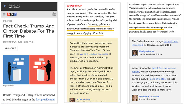 A screenshot of a live debate fact check for a 2016 U.S. presidential debate