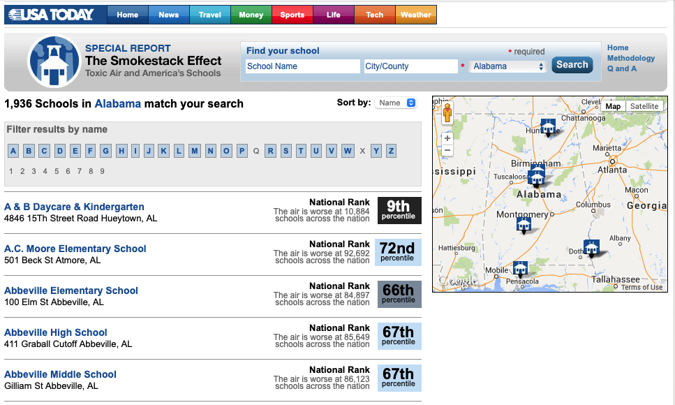 A screenshot of the search results page for the investigative project Toxic Air and America's Schools