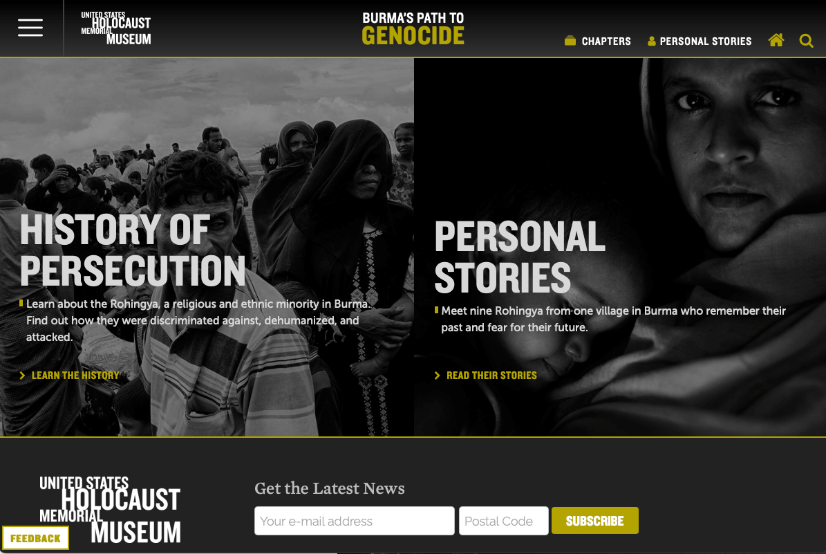 A screenshot of the homepage for the digital exhibition Burma’s Path to Genocide