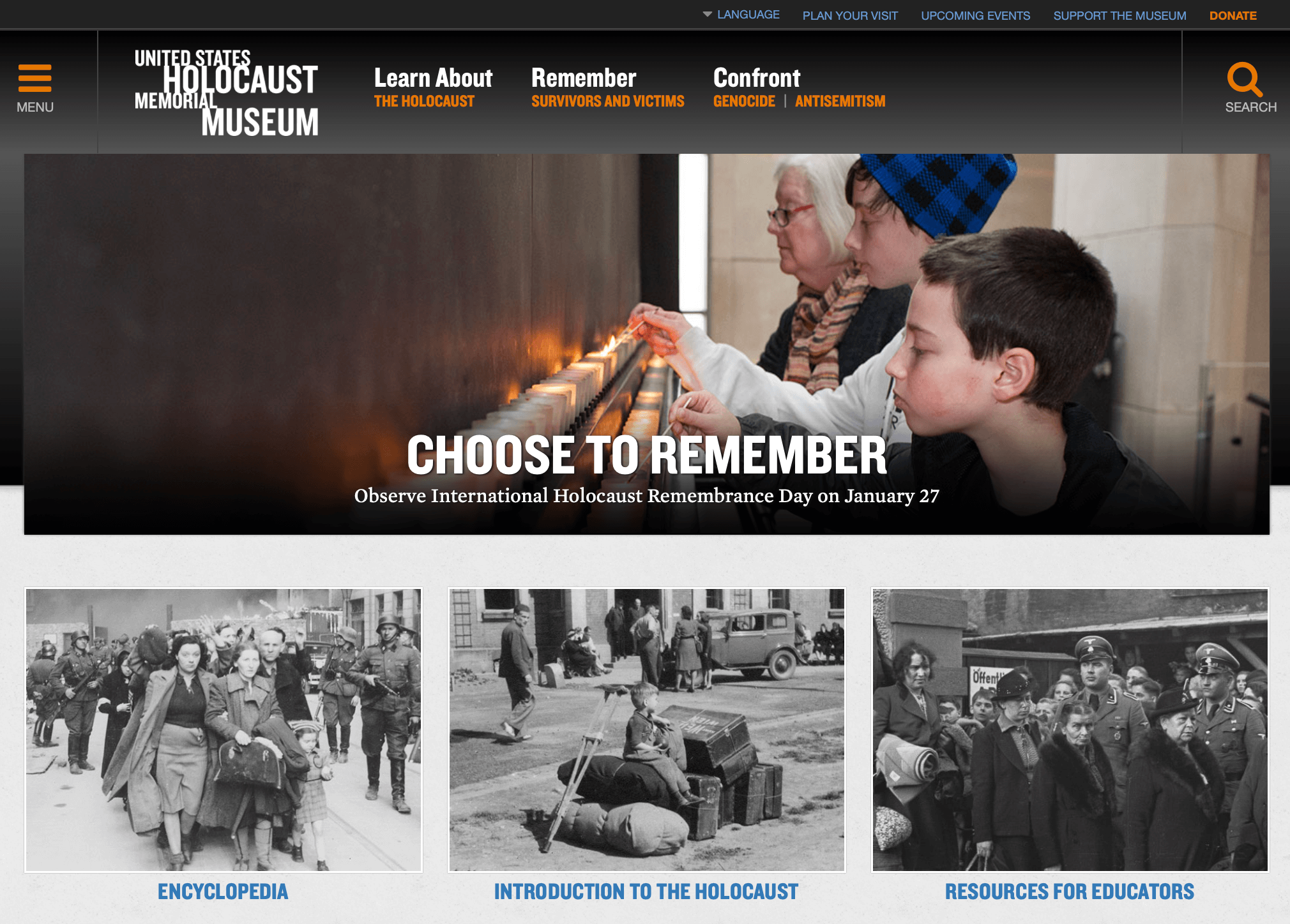 A screenshot of the homepage for the United States Holocaust Memorial Museum website 