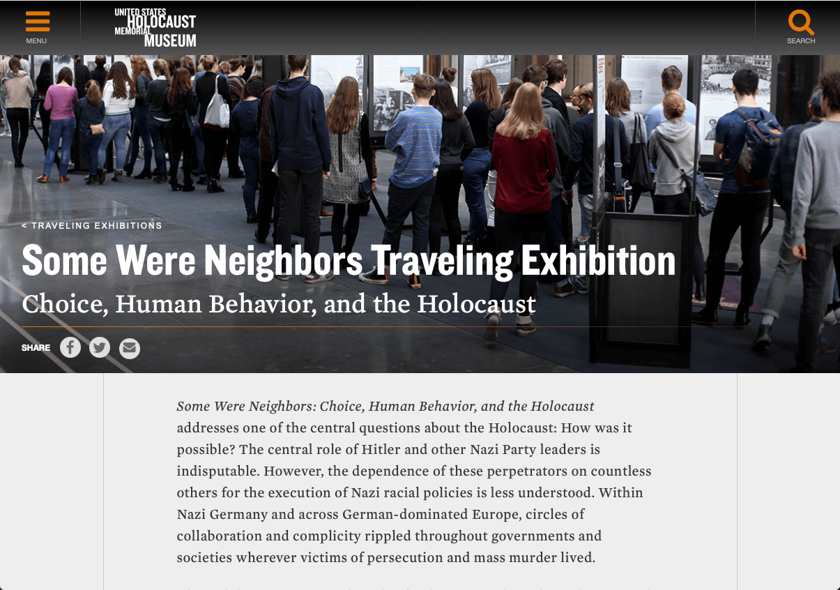 A screenshot of the traveling exhibition page for the Some Were Neighbors exhibition