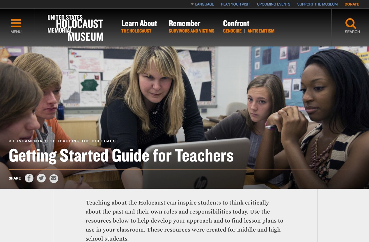 A screenshot of the Getting Started Guide for Teachers page of ushmm.org